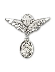 Sterling Silver Baby Badge with St. Gemma Galgani Charm and Angel with Wings Badge Pin