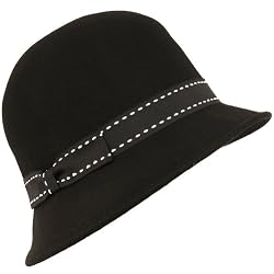 Wool Winter Cloche Bucket Bell Long Side Brim Hat Black