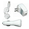 Premium iPhone 3G, iPhone 3GS , Nano 4th Generation, Nano 5G 5th Generation, iPod Touch 2nd Generation, iPod Touch 3rd Generation 3G 3-in-1 USB Data and Charging Kit - Retractable USB Cable + USB Home / Wall / Travel Charger + USB Car / Auto Charger