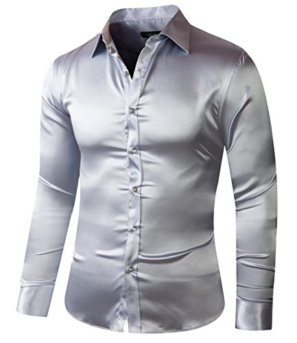 SA01300-Regular180 Silver ZERDSKY Men's Regular-Fit Satin Shiny Dance Prom Dress Shirt,Medium - 16" Neck 32/34" Sleeve