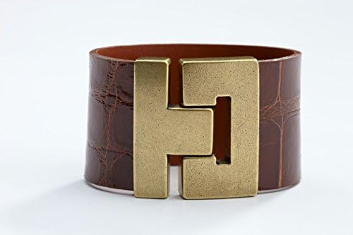Odet Wide Handmade Luxury Alligator Leather Bracelet Glossy Cognac Brown in Gold/Silver Buckle Finish for Women