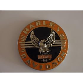 BLACK, ORANGE AND CHROME ROUND HARLEY DAVIDSON BELT BUCKLE