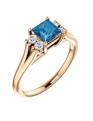 18K Rose Gold 5.00x5.00mm Princess Cut Swiss Blue Topaz and Diamond Ring -- LIFETIME WARRANTY
