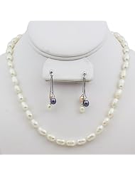 White 7-8mm Rice Shape Freshwater Pearl Necklace & Triple Freshwater Earring Set