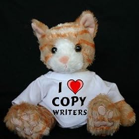 For Valentine's day a plush stuffed toy cat with I Love Copy Writers t-shirt