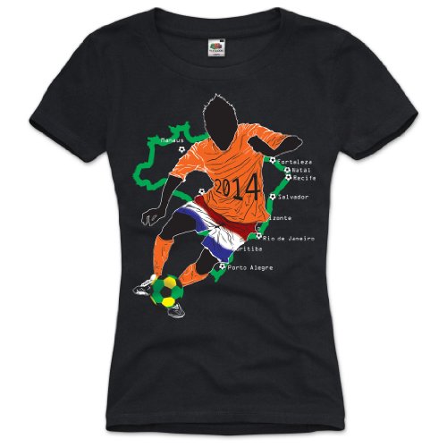 style3 WM Holland Brasilien Fußball T-Shirt für Damen in verschiedenen Farben S-3XL, Farbe:Schwarz;Größe:S