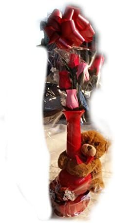 Valentines Day Gift Set Bear Hugger Vase with Half Dozen Wooden Roses and Chocolate WRAPPED AND BOXED