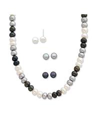 Sterling Silver White/grey/black 6-7mm Fw Cult. Pearl Set, Best Quality Free Gift Box Satisfaction Guaranteed