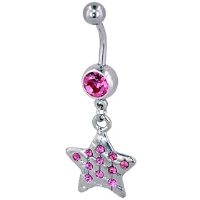 Pink Crystal Star Dangle Gem Belly Button Ring Navel Piercing Bar Body Jewelry