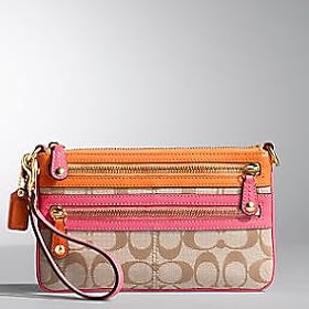 AUTHENTIC COACH BONNIE SIGNATURE DOUBLE ZIP WRISTLET/Mini HANDBAG (Khaki/Coral)
