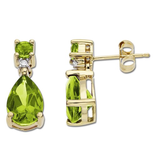 10k Yellow Gold Pear-Shaped Peridot and Diamond Dangle Earrings
