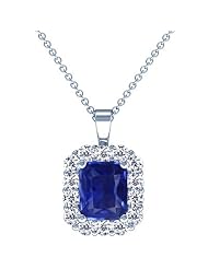 18K White Gold Emerald Cut Blue Sapphire And Round Diamond Pendant