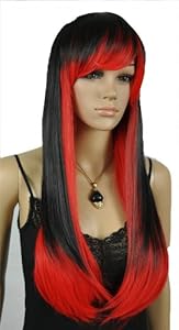 Qiyun Women's Long Straight Black Red Mix Costume Party Cosplay Full Hair Wig