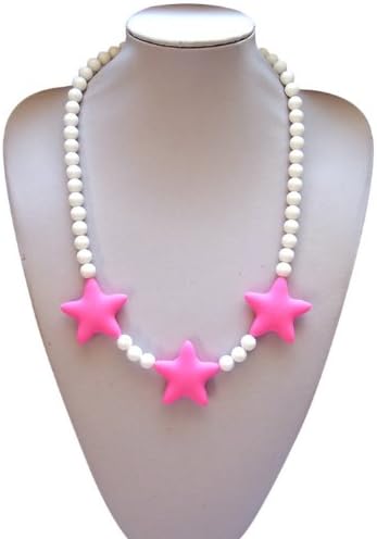 Silli Me Jewels: Wish Upon a Star - 20" Shorter-length Teething Necklace with 46-9mm Beads and 3 Stars for Baby to Chew or for Dress Up (Pink)