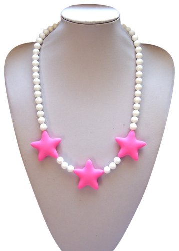 Silli Me Jewels: Wish Upon a Star - 20" Shorter-length Teething Necklace with 46-9mm Beads and 3 Stars for Baby to Chew or for Dress Up (Pink)