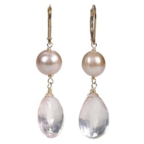 Gold-Filled Natural Pink Freshwater Cultured Pearl and Rose Quartz Earrings by 