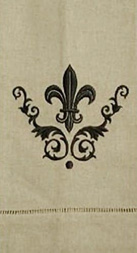 Guest Towel- Oatmeal w/Black Embroidered Fleur de Lis, Linen/Cotton Blend