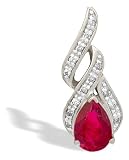 14K White Gold Genuine Pear Ruby and Diamond Flame Pendant