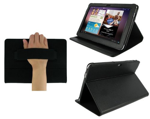 rooCASE Multi-Angle Black Leather Folio Case Cover with Elastic Hand Strap for Samsung GALAXY Tab 10.1 Wi-Fi (NOT Compatible with GALAXY Tab 2 10.1 Release May 2012)