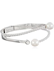 Majorica White Pearl Cubic Zirconia Hinged Bangle Bracelet, 3"