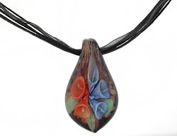 Multicolored Murano Pendant, 26mm x 47mm, with Black Silk Adjustable Cord/Ribbon Necklace