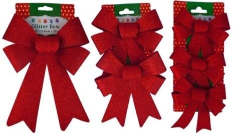 Christmas Decoration Holiday Glitter Bows- Red, Green &amp; Gold (Red)