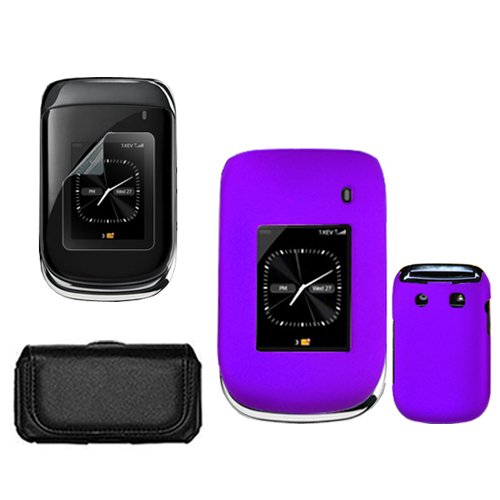 iNcido Brand Blackberry Style 9670 Combo LCD Screen Protector + Rubber Feel Purple Protective Case Faceplate Cover + Black Horizontal Leather Pouch for Blackberry Style 9670