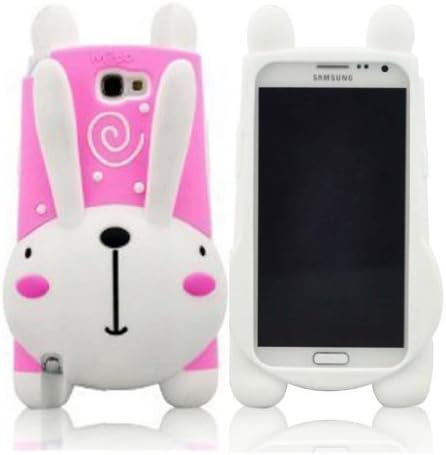 FJX 3D Lovely Rabbit With Morning Glory Horn Style Bracket Design Hybrid Soft Silicone Case Cover Compatible for Samsung Galaxy Note II N7100(White/Hot Pink)