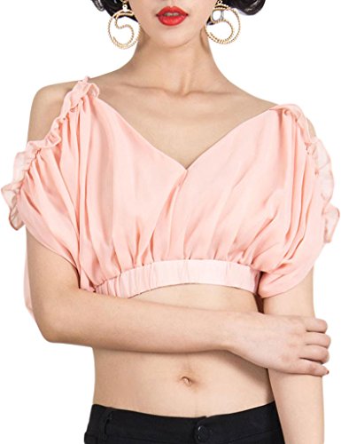 Persun Women's Chiffon V Neck Front Lace up Back Spaghetti Strap Ruffle Crop Top
