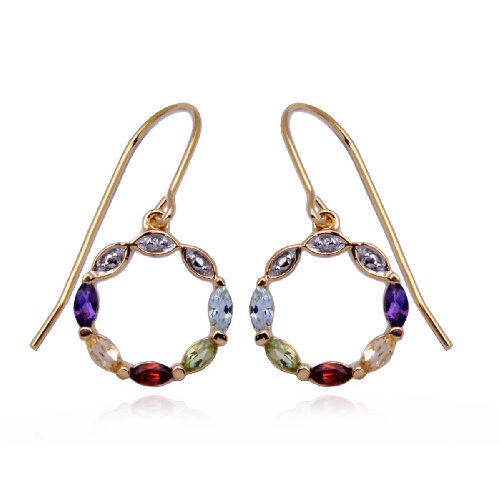 18k Yellow Gold Plated Sterling Silver Multi-Gemstone and Diamond Drop Round Earrings