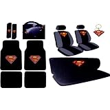 16pcs New Superman Car Seat Covers Set with Heavy Duty Carpet Floor Mats, Shoulder Pads and Steering Wheel Cover, Keychain