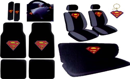  16pcs New Superman Car Seat Covers Set with Heavy Duty Carpet Floor Mats, Shoulder Pads and Steering Wheel Cover, Keychain