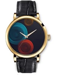 SPRAWL Aanalog Fashion Series Gold Ladies Watches of Genuine Black Leather Strap,Unique Wrist Watch for Women Girls Designed with Red, blue and gold circles