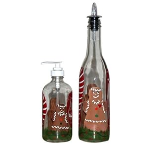 ArtisanStreet's Gingerbread Design Pour Bottle & Soap Pump Dispenser Set. Hand Painted & Signed