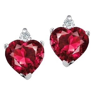 3.04 cttw Heart Shape Created Ruby and Genuine Diamonds Earring Studs in 14k... by