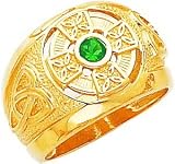 14K Gold Mens Celtic Cross with Green Synthetic Stone Center Ring Sz 10