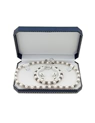 8-9mm White Freshwater Pearl and Sterling Silver Snowflake Rondel Necklace, Bracelet, and Dangle Earring Set in Gift Box