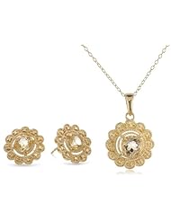 18k Yellow Gold Plated Sterling Silver Genuine Floral Earrings and Pendant Set, 18"