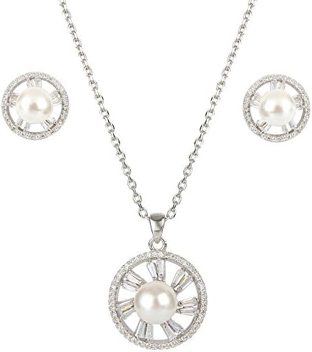 EleQueen Women's Silver-tone Cubic Zirconia Cream Simulated Pearl Flower Necklace Earrings Set Clear
