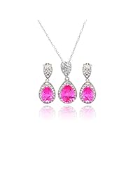 Nickel Free Sterling Silver Pendant & Earring Sets Teardrop Pink CZ Set Length: 28.7mm Width: 12.85mm