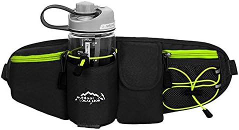 Generic Unisex Waterproof Sports Waist Bag Polyester Chest Bag Running Belt Waist Pack with Water Bottle (Not Included) Holder (Black&amp;Green)