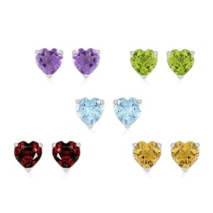 Sterling Silver Amethyst, Citrine, Blue Topaz, Garnet and Peridot Heart Stud Earrings, Set of Five