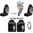 Ed Hardy Peacock 5-pc Set Bucket Seat Covers, Front Floor Mats, Steering Wheel Cover