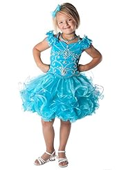 Toddler V-neck Beaded  Lace  Above the Knee Short Organza Pageant Dress  With Rhinestones and Ruffles