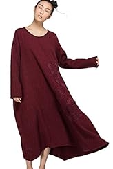 Plus Size Long Sleeves Applique Embroidered Linen  Dress