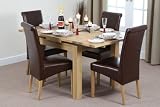 3ft x 3ft Solid Oak Extending Dining Table + 4 Brown Leather Chairs (Seats Up To 6 People Extended)