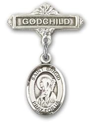Sterling Silver Baby Badge with St. Brigid of Ireland Charm and Godchild Badge Pin