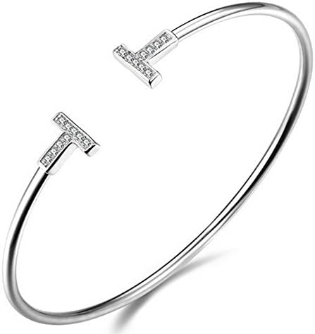 G925SILVER 925 Sterling Silver Double T narrow Wire Bracelet 18k white gold with round brilliant diamonds
