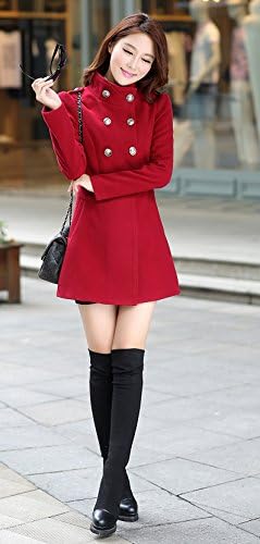 XIANKI Women Wool Blend Turn Down Collar Double-breasted Waisted Overcoat Coat M Red
