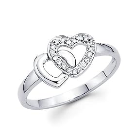 Size- 4 - 14k White Gold Two Heart Shape Love Diamond Ring .07 ct (G-H Color, SI2 Clarity)